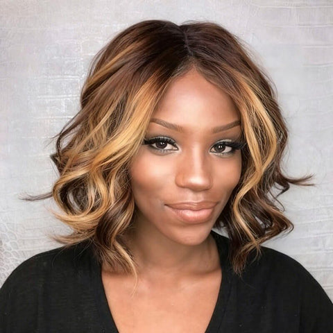 Short Wavy Bob Wigs with Blonde Highlights Closure Lace Glueless Human Hair Wigs