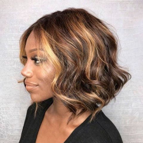 Short Wavy Bob Wigs with Blonde Highlights Closure Lace Glueless Human Hair Wigs