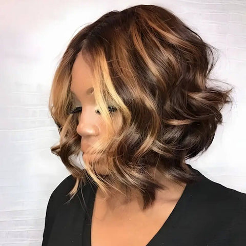 Short Wavy Bob Wigs with Blonde Highlights Closure Lace Glueless Human Hair Wigs