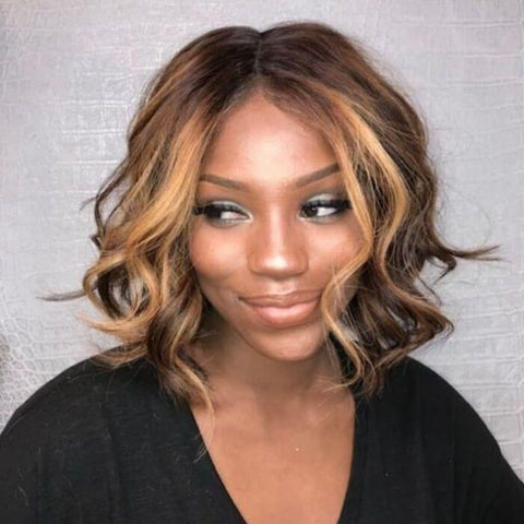 Short Wavy Bob Wigs with Blonde Highlights Closure Lace Glueless Human Hair Wigs