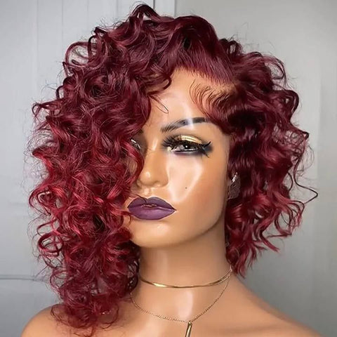 Burgundy Pixie Cut Short Curly Bob Wig Lace Front Human Hair Wigs