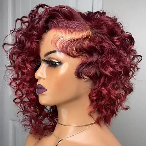 Burgundy Pixie Cut Short Curly Bob Wig Lace Front Human Hair Wigs