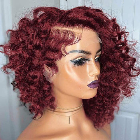 Burgundy Pixie Cut Short Curly Bob Wig Lace Front Human Hair Wigs