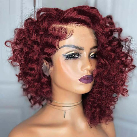 Burgundy Pixie Cut Short Curly Bob Wig Lace Front Human Hair Wigs
