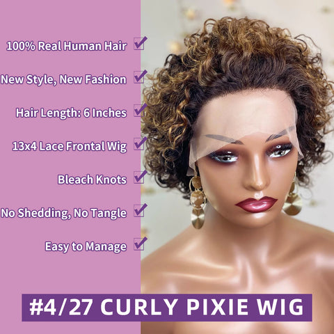 #4/27 Highlight Brown Pixie Curly Bob Wig Lace Front Wig Short Pixie Deep Curly 13x4 Transparent Lace Frontal Wig With Full Lace
