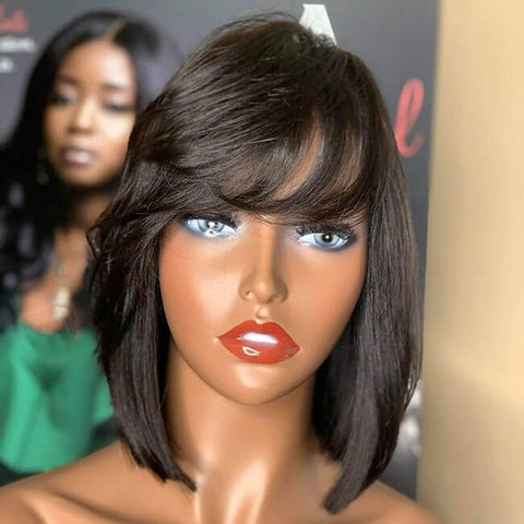 Layered Short Bob Wigs With Bangs Lace Front Human Hair Wigs