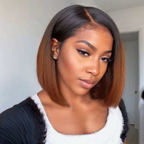 Put On & Go Kinky Straight Ombre Brown Side Part Bob Wig Pre Cut Lace Human Hair Wigs