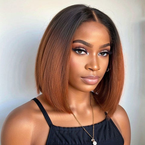 Put On & Go Kinky Straight Ombre Brown Side Part Bob Wig Pre Cut Lace Human Hair Wigs