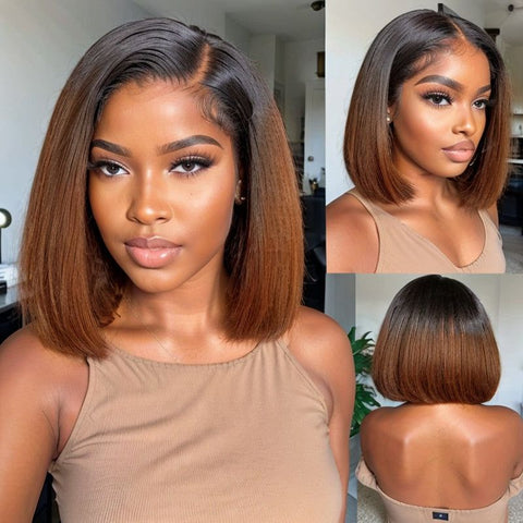Put On & Go Kinky Straight Ombre Brown Side Part Bob Wig Pre Cut Lace Human Hair Wigs