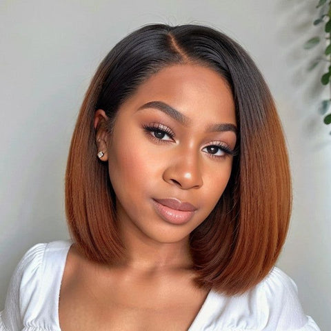 Put On & Go Kinky Straight Ombre Brown Side Part Bob Wig Pre Cut Lace Human Hair Wigs
