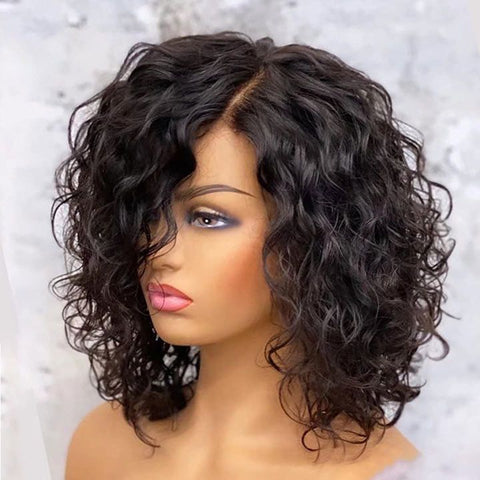 Glueless Short Curly Bob Wigs with Side Part Lace Front Human Hair Wigs