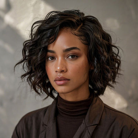 Glueless Short Curly Bob Wigs with Side Part Lace Front Human Hair Wigs