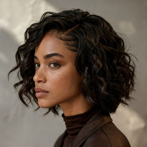 Glueless Short Curly Bob Wigs with Side Part Lace Front Human Hair Wigs