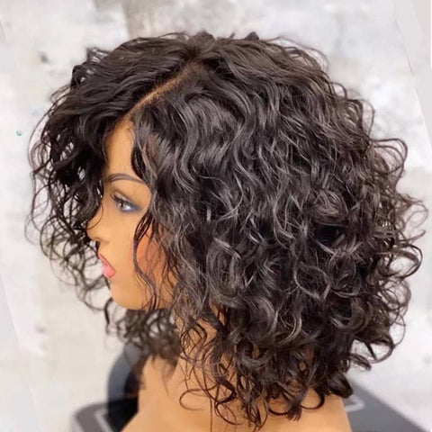 Glueless Short Curly Bob Wigs with Side Part Lace Front Human Hair Wigs