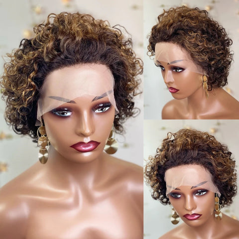 #4/27 Highlight Brown Pixie Curly Bob Wig Lace Front Wig Short Pixie Deep Curly 13x4 Transparent Lace Frontal Wig With Full Lace