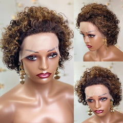 #4/27 Highlight Brown Pixie Curly Bob Wig Lace Front Wig Short Pixie Deep Curly 13x4 Transparent Lace Frontal Wig With Full Lace