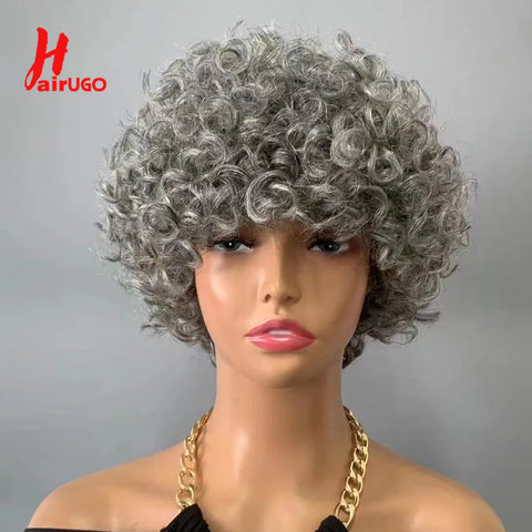 Gray Short Pixie Cut Wigs Human Hair Natural Wave Wigs With Bangs Brazilian Color #51 Gray Glueless Wigs Curly Pixie Cut Wigs