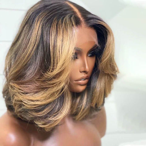 Designer Highlight Middle Part Layered Short Bob Wig Lace Front Human Hair Wigs