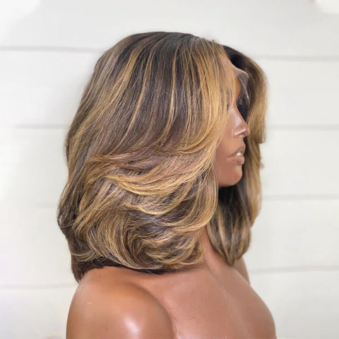 Designer Highlight Middle Part Layered Short Bob Wig Lace Front Human Hair Wigs