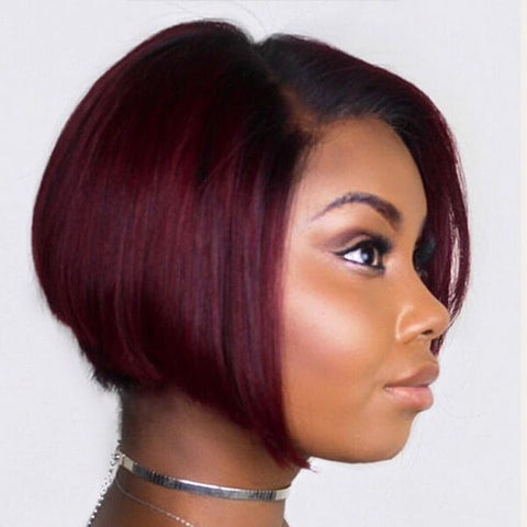 Pixie Cut Bob Wigs with Side Part Burgundy Ombre Lace Front Human Hair Wigs