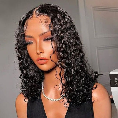 Shoulder Length Water Wave Bob Wig Lace Front 100% Human Hair Wigs