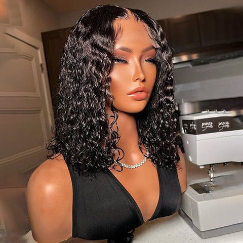 Shoulder Length Water Wave Bob Wig Lace Front 100% Human Hair Wigs