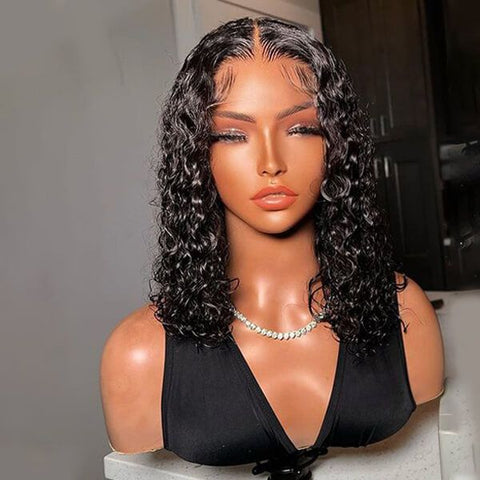 Shoulder Length Water Wave Bob Wig Lace Front 100% Human Hair Wigs