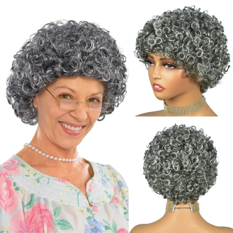 Gray Short Pixie Cut Wigs Human Hair Natural Wave Wigs With Bangs Brazilian Color #51 Gray Glueless Wigs Curly Pixie Cut Wigs