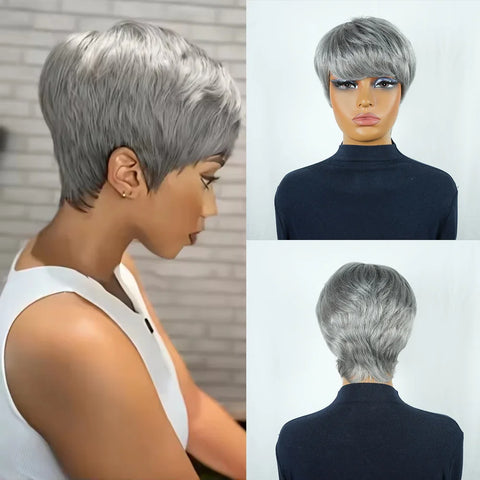 Gray 4 Inch Pixie Cut Finger Waves Wigs Brazilian Human Hair 100% Natural Realistic Tangle Free Full Machine Made For Women