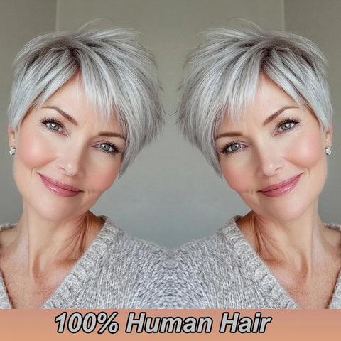 Silver Gray Pixie cut Wigs Human Hair Grey Pixie Cut with Straight Layered Hair for Women Short Hair Wig Full Machine-Made Wig