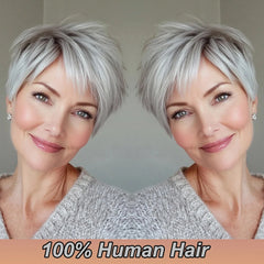 Silver Gray Pixie cut Wigs Human Hair Grey Pixie Cut with Straight Layered Hair for Women Short Hair Wig Full Machine-Made Wig