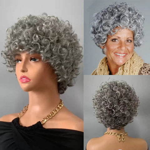 Gray Short Pixie Cut Wigs Human Hair Natural Wave Wigs With Bangs Brazilian Color #51 Gray Glueless Wigs Curly Pixie Cut Wigs