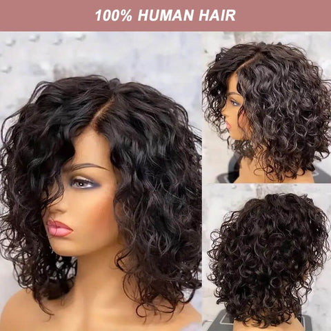 Glueless Short Curly Bob Wigs with Side Part Lace Front Human Hair Wigs