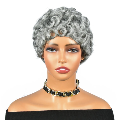 Gray Short Pixie Cut Wigs Human Hair Natural Wave Wigs With Bangs Brazilian Color #51 Gray Glueless Wigs Curly Pixie Cut Wigs