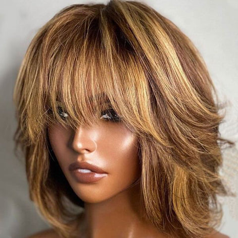 Honey Blonde Highlights Bob Wigs With Bangs Lace Front Glueless Human Hair Wigs