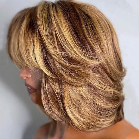 Honey Blonde Highlights Bob Wigs With Bangs Lace Front Glueless Human Hair Wigs
