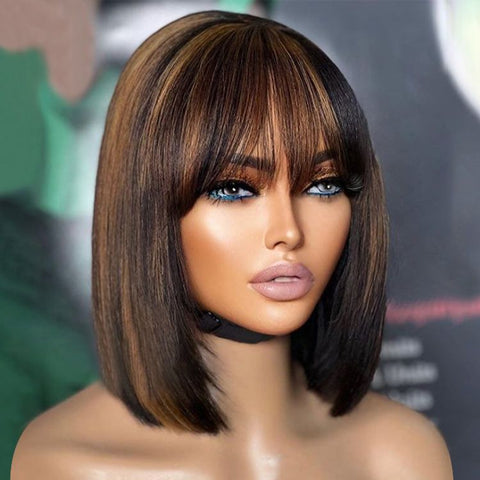 Glueless Highlight Bob Wigs With Bangs Lace Front Human Hair Wigs