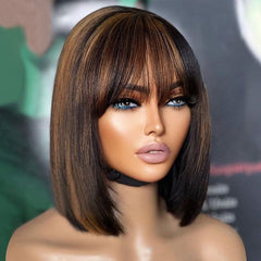 Glueless Highlight Bob Wigs With Bangs Lace Front Human Hair Wigs