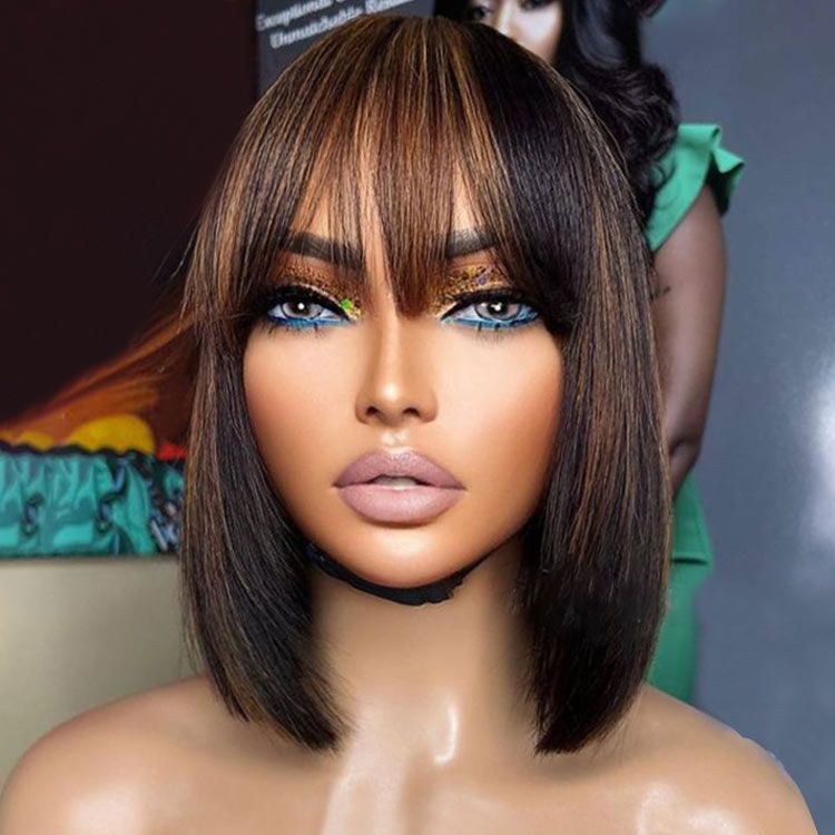 Glueless Highlight Bob Wigs With Bangs Lace Front Human Hair Wigs
