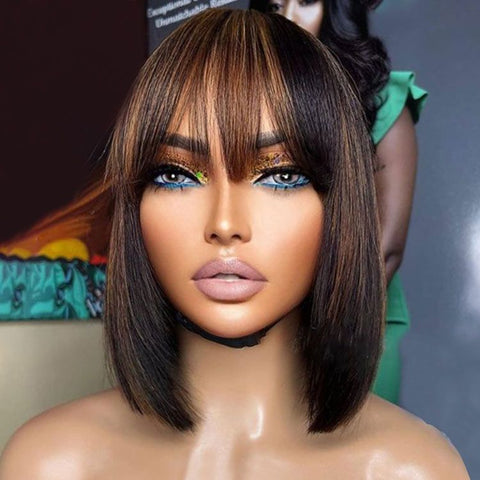 Glueless Highlight Bob Wigs With Bangs Lace Front Human Hair Wigs