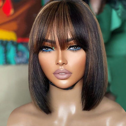 Glueless Highlight Bob Wigs With Bangs Lace Front Human Hair Wigs