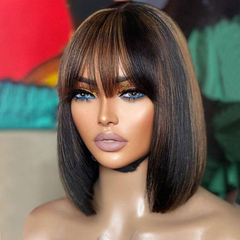 Glueless Highlight Bob Wigs With Bangs Lace Front Human Hair Wigs