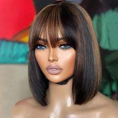 Glueless Highlight Bob Wigs With Bangs Lace Front Human Hair Wigs