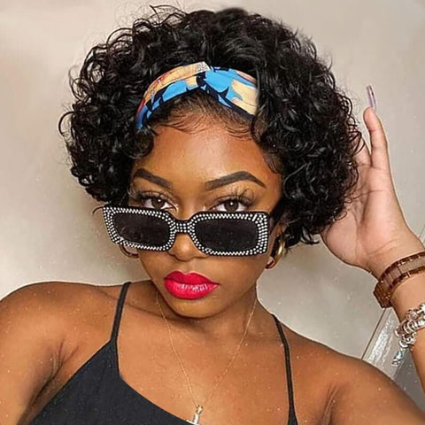 Headband Wig Short Curly Wig Pixie Cut Wig for Women Human Hair Wigs