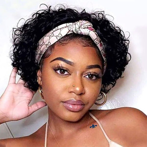Headband Wig Short Curly Wig Pixie Cut Wig for Women Human Hair Wigs