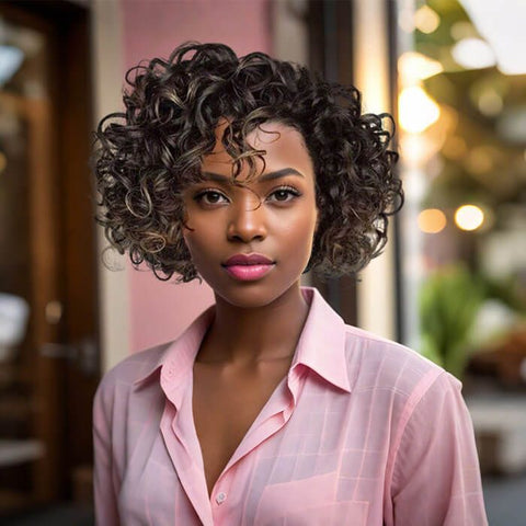 Glueless Brown Highlight Curly Bob Wigs with Bangs Lace Front Human Hair Wigs