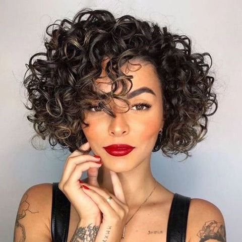 Glueless Brown Highlight Curly Bob Wigs with Bangs Lace Front Human Hair Wigs