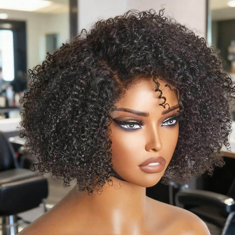 4C Edges Kinky Curly Short Bob Wigs With Side Part Glueless Human Hair Wigs