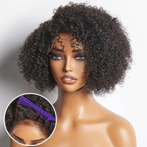 4C Edges Kinky Curly Short Bob Wigs With Side Part Glueless Human Hair Wigs
