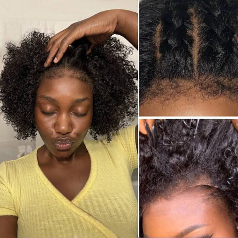4C Edges Kinky Curly Short Bob Wigs With Side Part Glueless Human Hair Wigs
